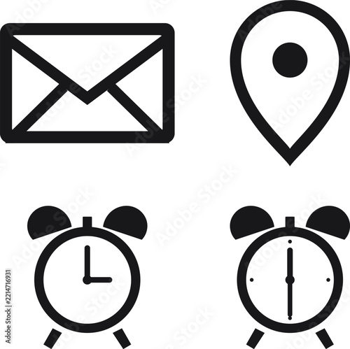 Minimalist black line icons set of 4 elements, business contact and time symbols including envelope, map pin, and alarm clocks, vector web graphics