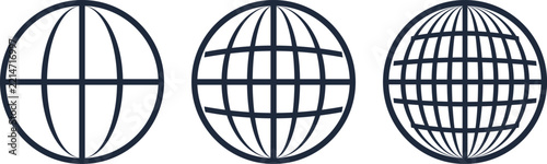 Minimalist globe grid icons with latitude and longitude lines, set of 3 world sphere symbols, global communication and geography wireframe graphics