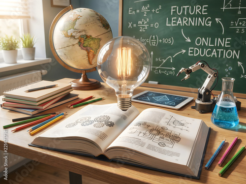 Open book with light bulb and school supplies on a desk in a classroom with a chalkboard background