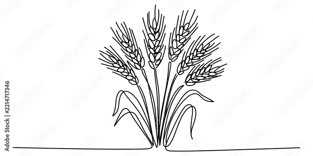 Naklejka premium Continuous single line drawing of wheat stalk ears of grain organic farm harvest agriculture concept isolated on white background Vector, illustration