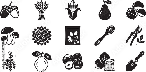Black Fall Produce Glyphs Collection Featuring Chestnuts, Seed Packet, Wooden Spoon, Quince, Trowel, and Herbs Elements