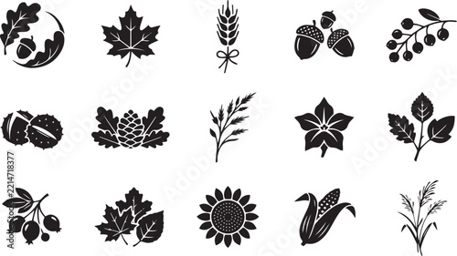 Autumn Harvest Icon Set with Maple Leaves, Acorns, Wheat Sheaf, Pinecone, Sunflower, and Corn Vector Symbols
