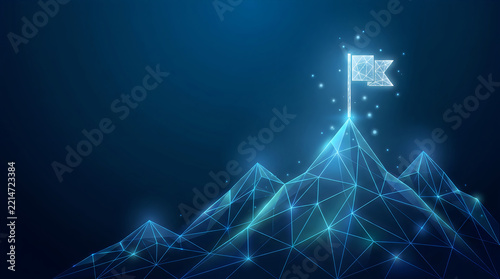 Glowing digital flag on top of a low poly mountain peak representing business success and achievement