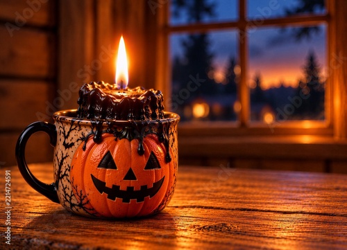 Halloween pumpkin mug with smoldering black candle and melting wax, spooky fall holiday decoration featuring jack-o-lantern, warm candlelight and a cozy evening atmosphere