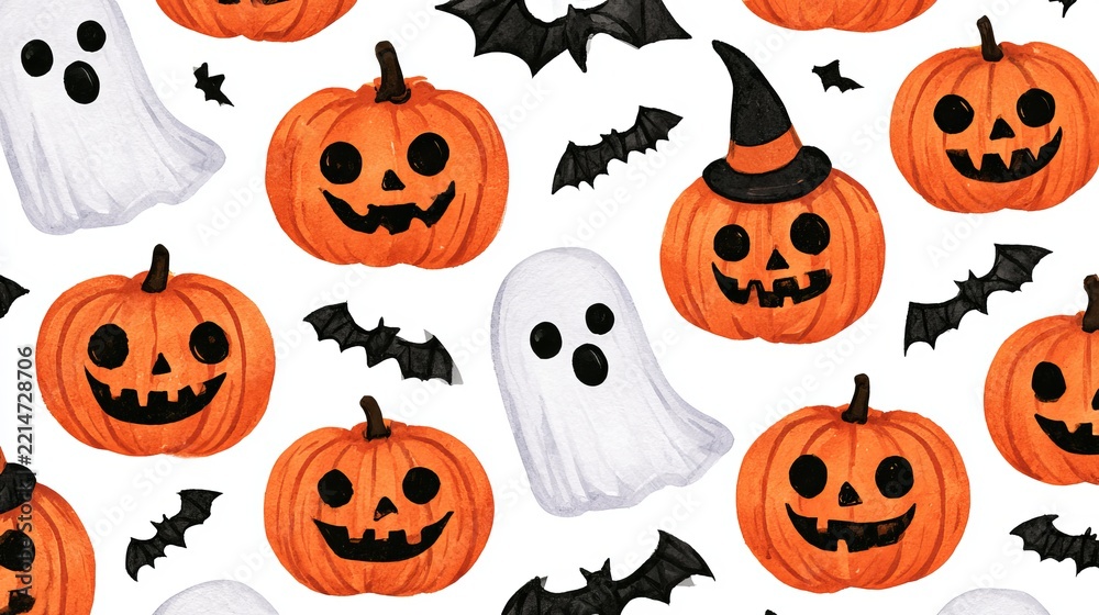 Fototapeta premium Festive orange pumpkins, whimsical ghosts, and spooky bats create joyful Halloween designs, perfect for seasonal celebrations