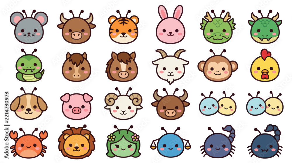 Obraz premium Cute animal zodiac icons collection