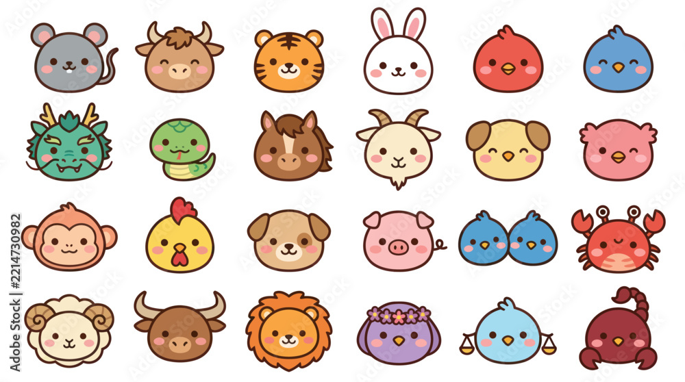 Fototapeta premium Cute animal zodiac icons collection