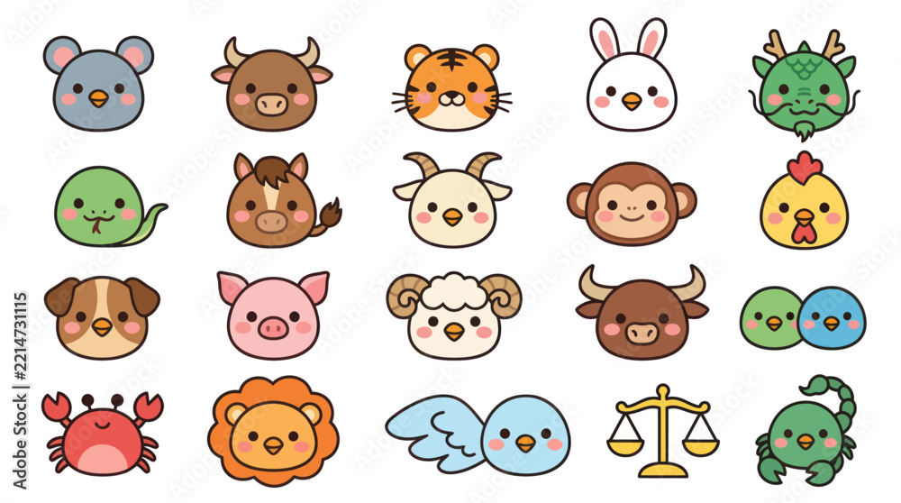 Fototapeta premium Cute animal zodiac icons collection