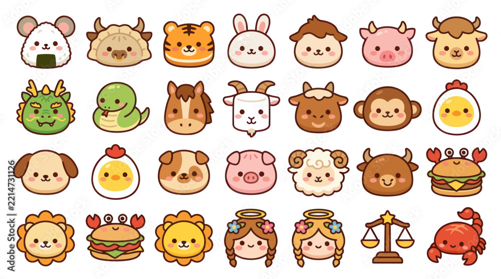Fototapeta premium Cute animal zodiac icons collection