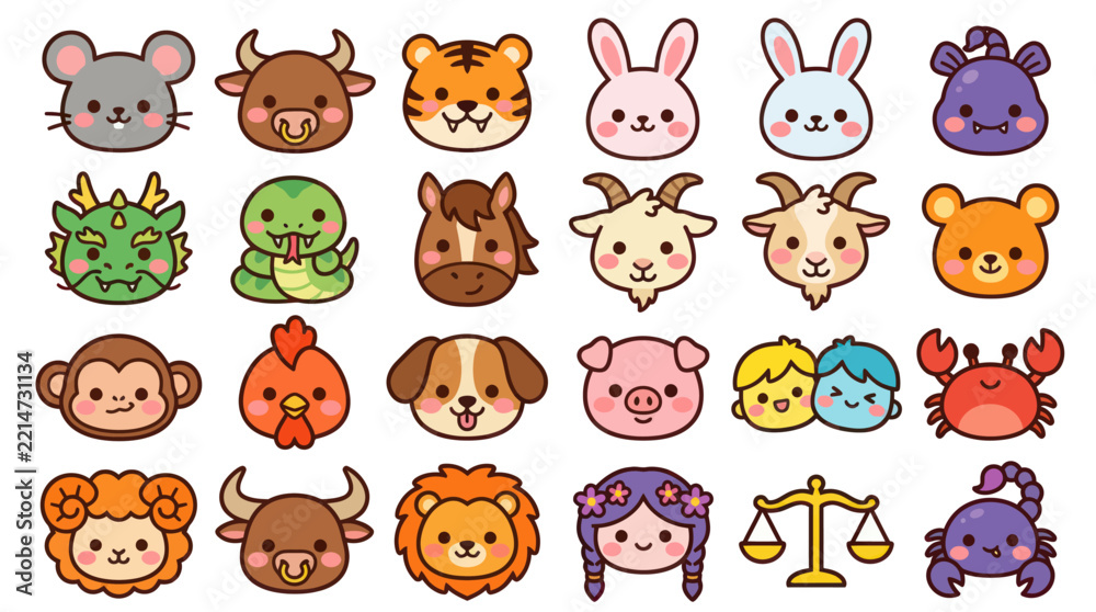 Fototapeta premium Cute animal zodiac icons collection