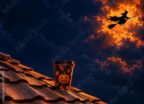 Halloween coffee cup on rooftop beneath flying witch silhouette, creating a spooky autumn holiday concept with dramatic glowing clouds, night sky and copy space