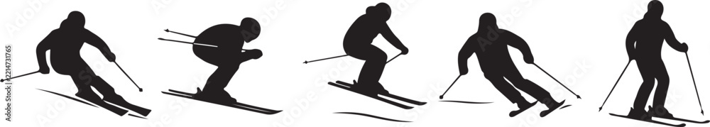 Fototapeta premium Set of silhouettes showing people alpine skiing in various poses on mountain slopes with winter sports
