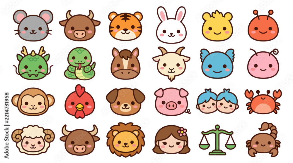 Fototapeta premium Cute animal zodiac icons collection