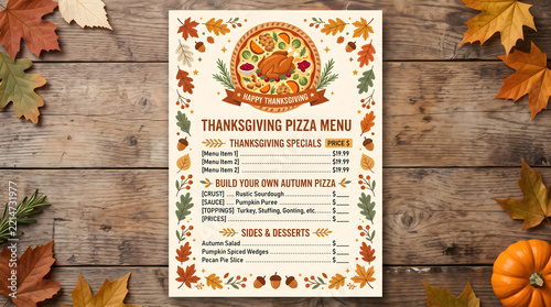 Illustrated Thanksgiving Pizza Menu Template With Autumn Leaves Turkey and Pumpkin Decorations on Wooden Background
