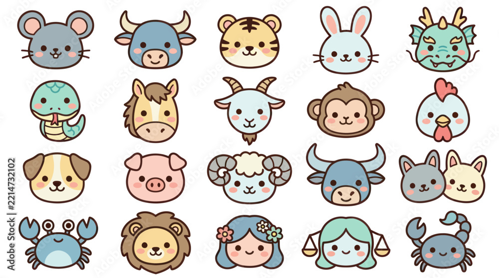 Fototapeta premium Cute animal zodiac icons set