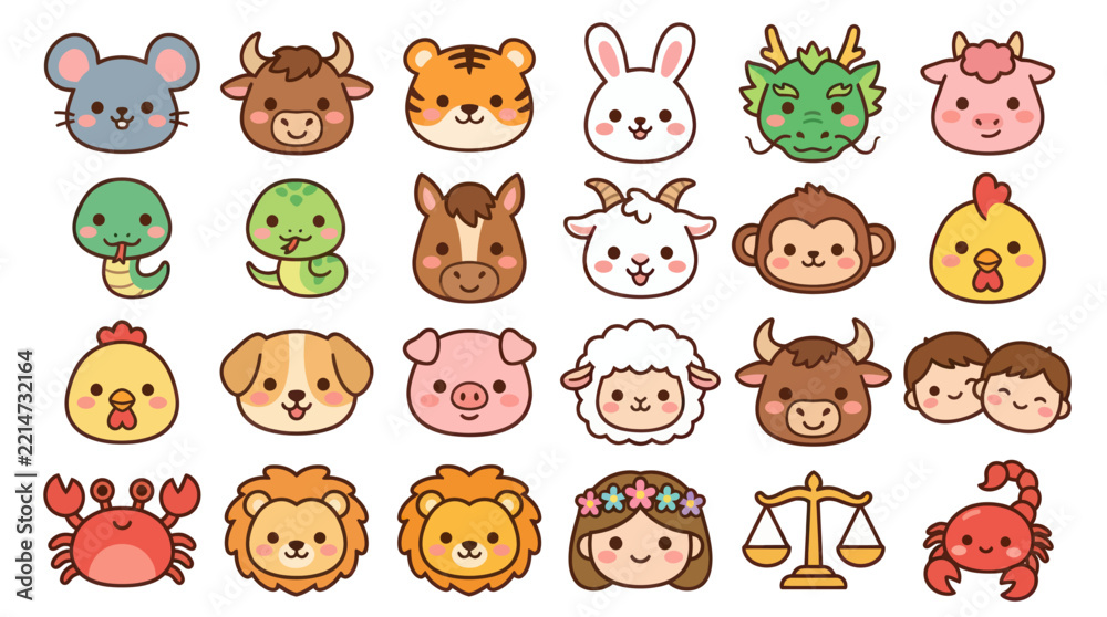 Fototapeta premium Cute animal zodiac icons set
