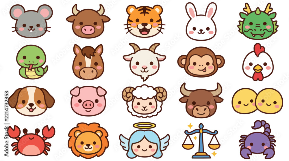 Obraz premium Cute animal zodiac icons set