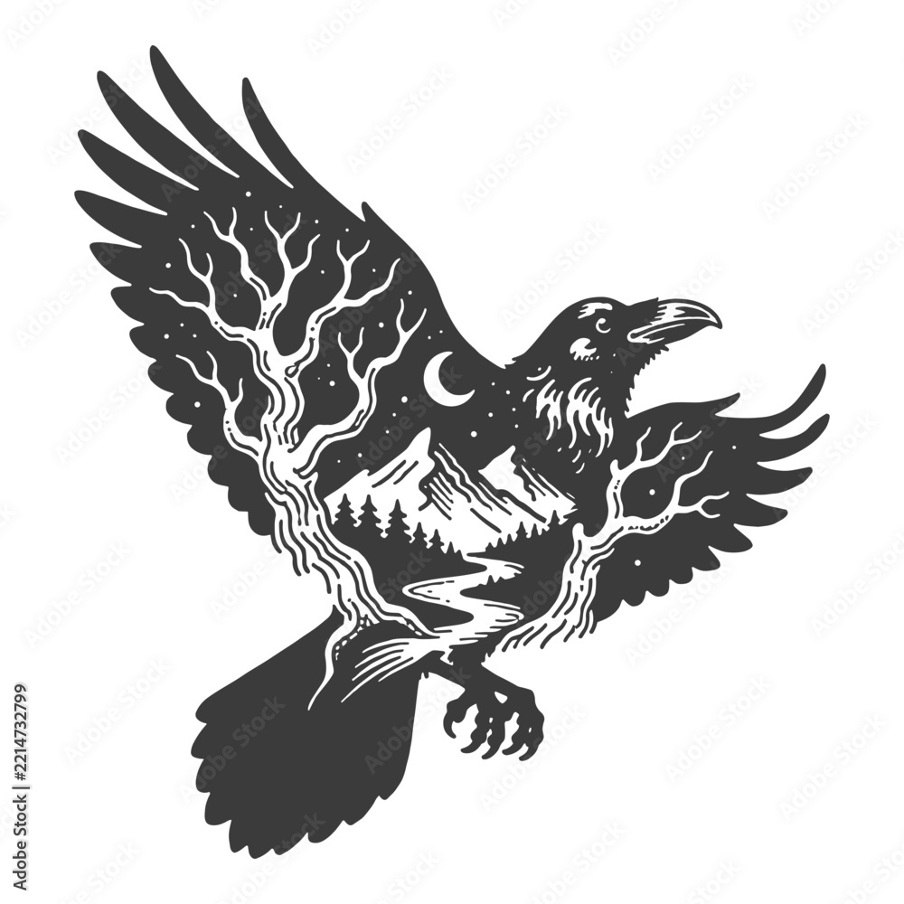 Fototapeta premium Flying Raven Silhouette with Double Exposure Mountain Night Landscape, Monochrome Vector Illustration