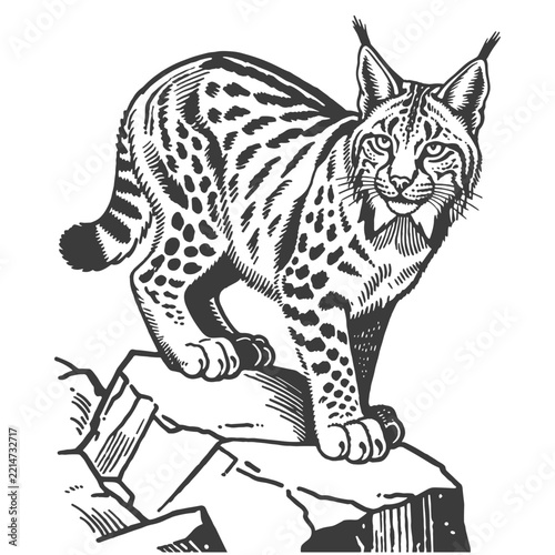 Wild Lynx Bobcat Standing on Rock, Monochrome Vector Illustration