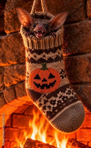 A playful bat hides in a jack-o'-lantern Halloween stocking next to a glowing fireplace, creating a fun, spooky holiday scene with the warm glow of the fire and a cozy autumn atmosphere