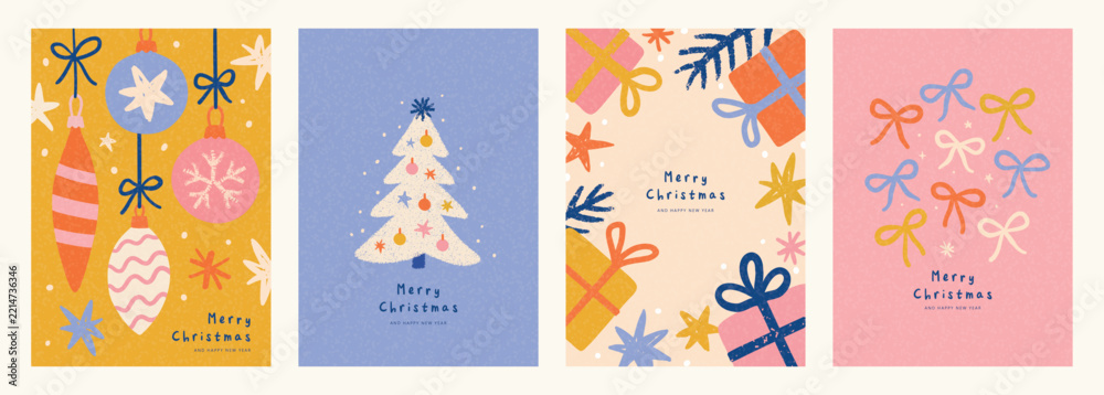 Naklejka premium Set of Christmas card designs with hand-drawn Christmas baubles, Christmas tree, gift boxes and colorful bows in a playful flat style with grainy texture. Festive vector illustrations for holiday