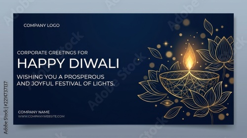 Corporate Happy Diwali greeting card banner with glowing diya lamp and lotus