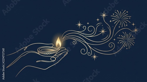 Elegant glowing diya lamp held in hands with sparkling fireworks vector art