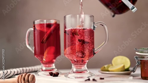 Spiced Tea with Cinnamon, Star Anise and Lemon, Cozy autumn, winter glass cup of tea