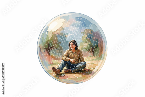 Watercolor Seated Person in Circular Frame.