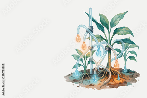 Watercolor Plant Roots with Glowing Hanging Lights.