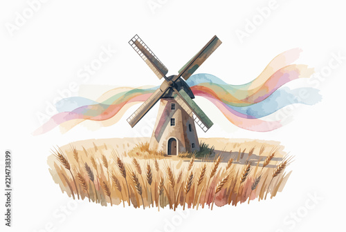 Watercolor Windmill in Rustic Meadow Illustration.