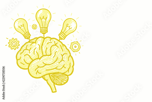 Yellow Brain With Light Bulbs Creative Idea Concept.