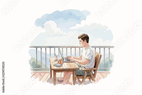 Young Artist Painting at Sunny Balcony Table.