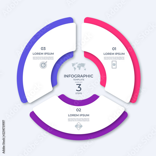 Three step circular infographic template. Cycle diagram with 3 options. Can be used for report, business analytics, data visualization, strategy, planning, presentation.