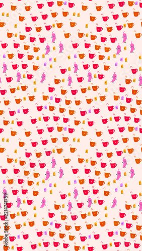 Cute cartoon hot drinks and chili peppers pattern
