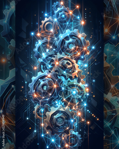 Abstract mechanical gears with glowing blue digital network connections on a dark background