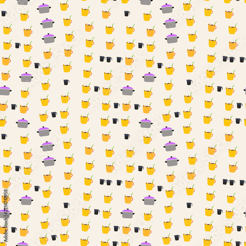 Seamless pattern of cartoon pots and mugs with drinks