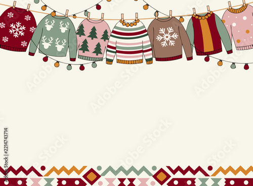 Ugly sweater party invitation background with sweaters on a line