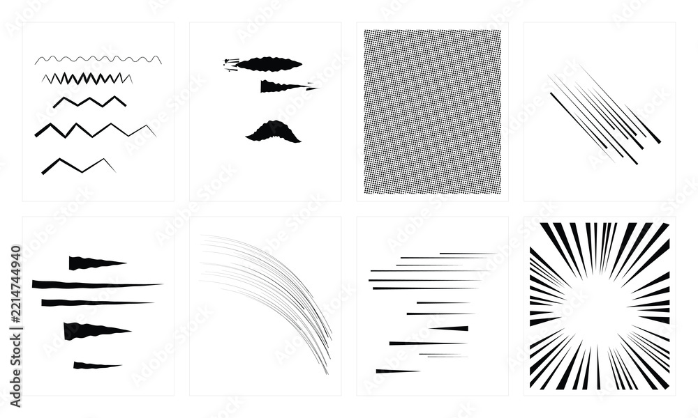 Fototapeta premium Comic book style speed lines and radial burst elements on square white backgrounds set