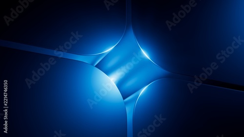 Glowing blue abstract cross emerges from smooth dark curved forms. Intense neon light and fluid geometry create a sleek futuristic background. 3d render illustration.