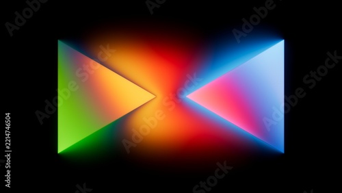 Abstract minimalist background. Two triangles with multicolored spectrum gradients, illuminated with neon light. 3d render