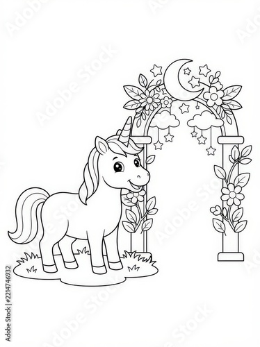 A delightful coloring page featuring a cute unicorn standing near a magical, floweradorned archway with a crescent moon under a starry night sky