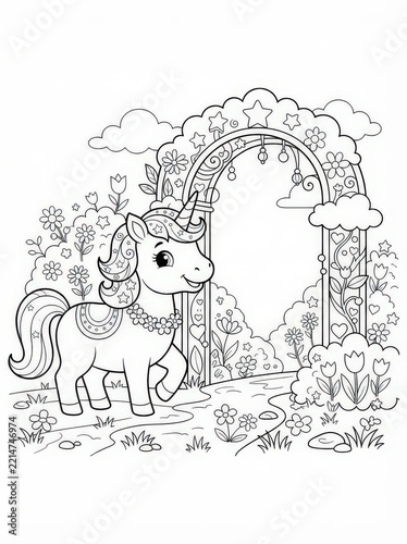 A delightful coloring page featuring a cute unicorn standing near a magical, flowerdecorated archway in a whimsical garden setting, isolated on white background
