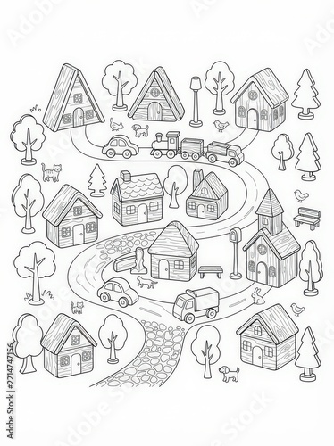 Coloring page of a charming village with whimsical wooden houses, trees, cars, and cute animals, isolated on white background