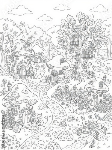 A detailed black and white coloring page featuring a magical forest village with mushroom houses, cute animals, and tall trees, isolated on white background
