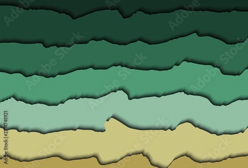 Layered paper cut mountain landscape in green and yellow on black background, abstract digital art