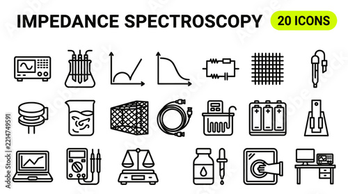 Impedance spectroscopy icons illustrate fundamental electrochemical measurement techniques and laboratory instruments used for material analysis and testing.