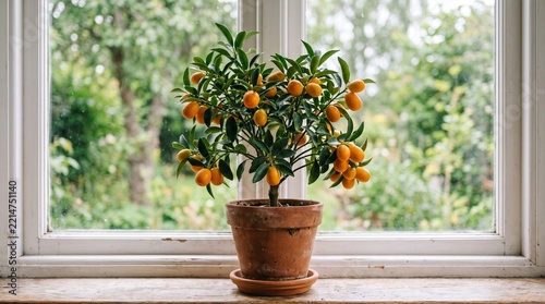 Potted Kumquat Tree Laden With Ripe Orange Fruits On A Windowsill With Greenery Outside