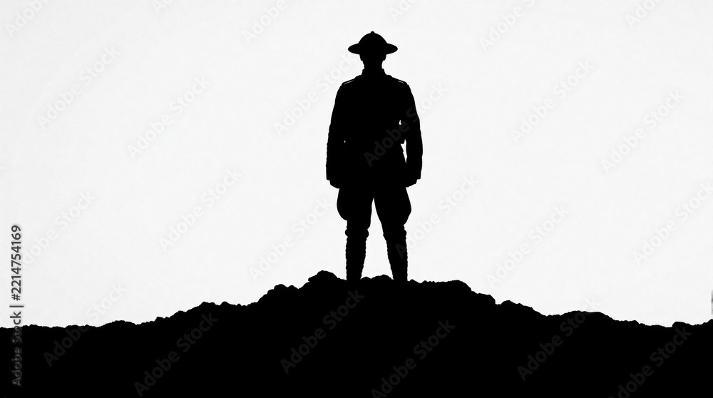 Fototapeta premium Black silhouette of British soldier standing on hill. WW1 infantry man in historical military uniform posing against white background. Veteran icon for war remembrance, military history, army