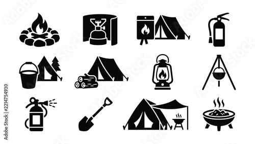 Camping essentials icons featuring outdoor gear and safety equipment set